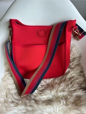 Ah•Dorned Neoprene Red Crossbody with Colorful Striped Strap